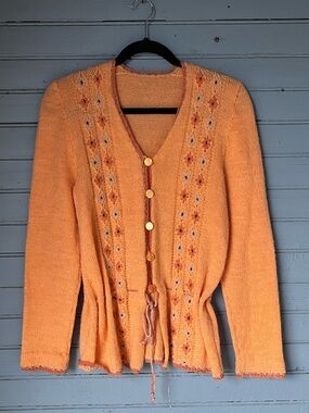 70’s Women’s Vintage Orange Hand Knit Cardigan Sweater with Button Front